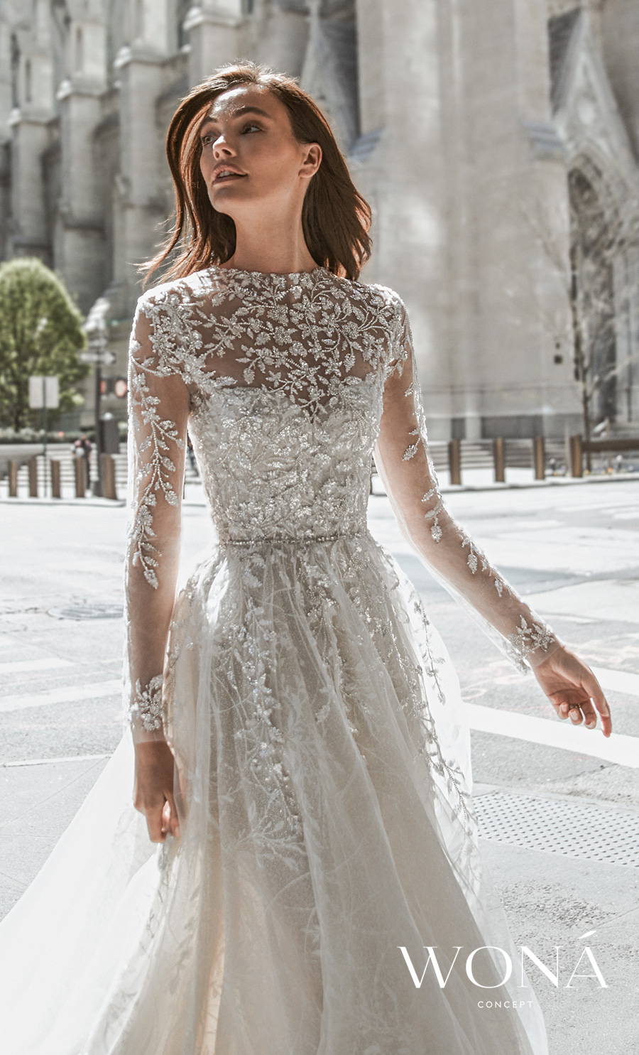 wona 2022 bridal long sleeves illusion round neck sweetheart neckline heavily embellished bodice romantic a line wedding dress embellished lace back medium train (dara) zv