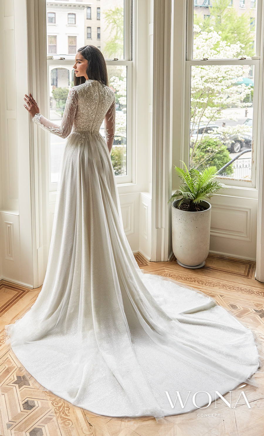 wona 2022 bridal long sleeves round neck heavily embellished bodice glamorous romantic a line wedding dress covered lace back chapel train (elane) bv