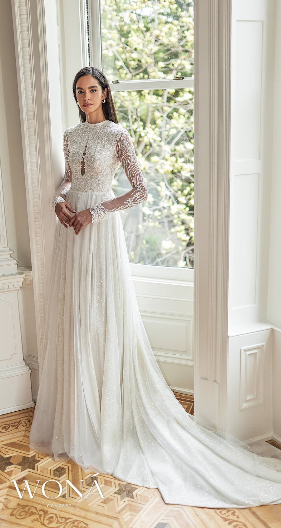 wona 2022 bridal long sleeves round neck heavily embellished bodice glamorous romantic a line wedding dress covered lace back chapel train (elane) mv