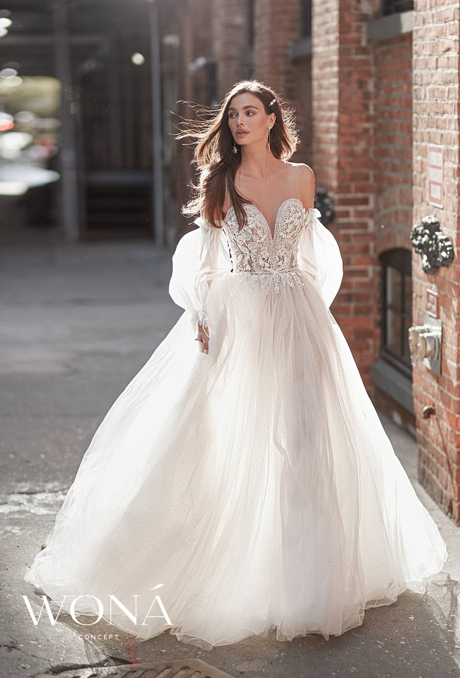 wona 2022 bridal off the shoulder long poet sleeves sweetheart neckline heavily embellished bodice romantic a line wedding dress sheer back chapel train (belmont) mv