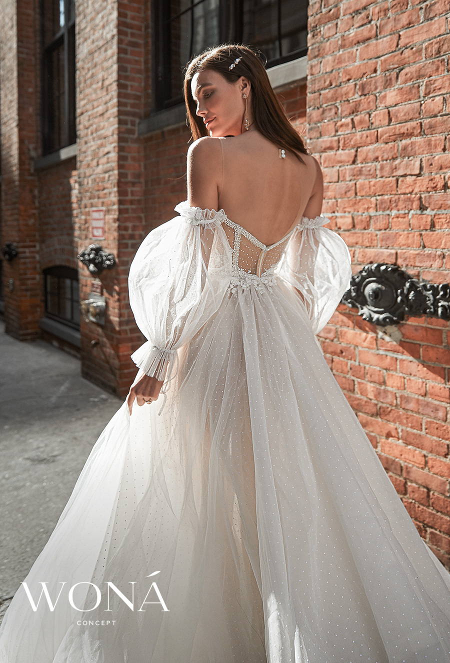 wona 2022 bridal off the shoulder long poet sleeves sweetheart neckline heavily embellished bodice romantic a line wedding dress sheer back chapel train (belmont) zbv