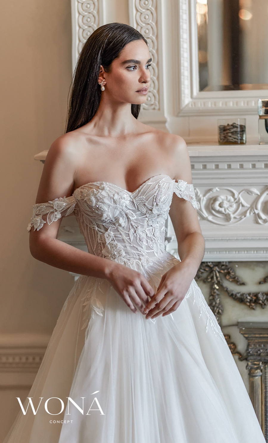 wona 2022 bridal off the shoulder sweetheart neckline heavily embellished bodice romantic a line wedding dress mid back (vikki) zv
