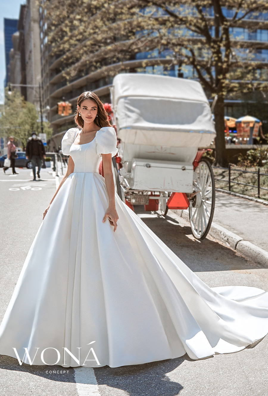 wona 2022 bridal short puff sleeves square neckline simple minimialistic princess a line wedding dress mid back chapel train (bronte) mv