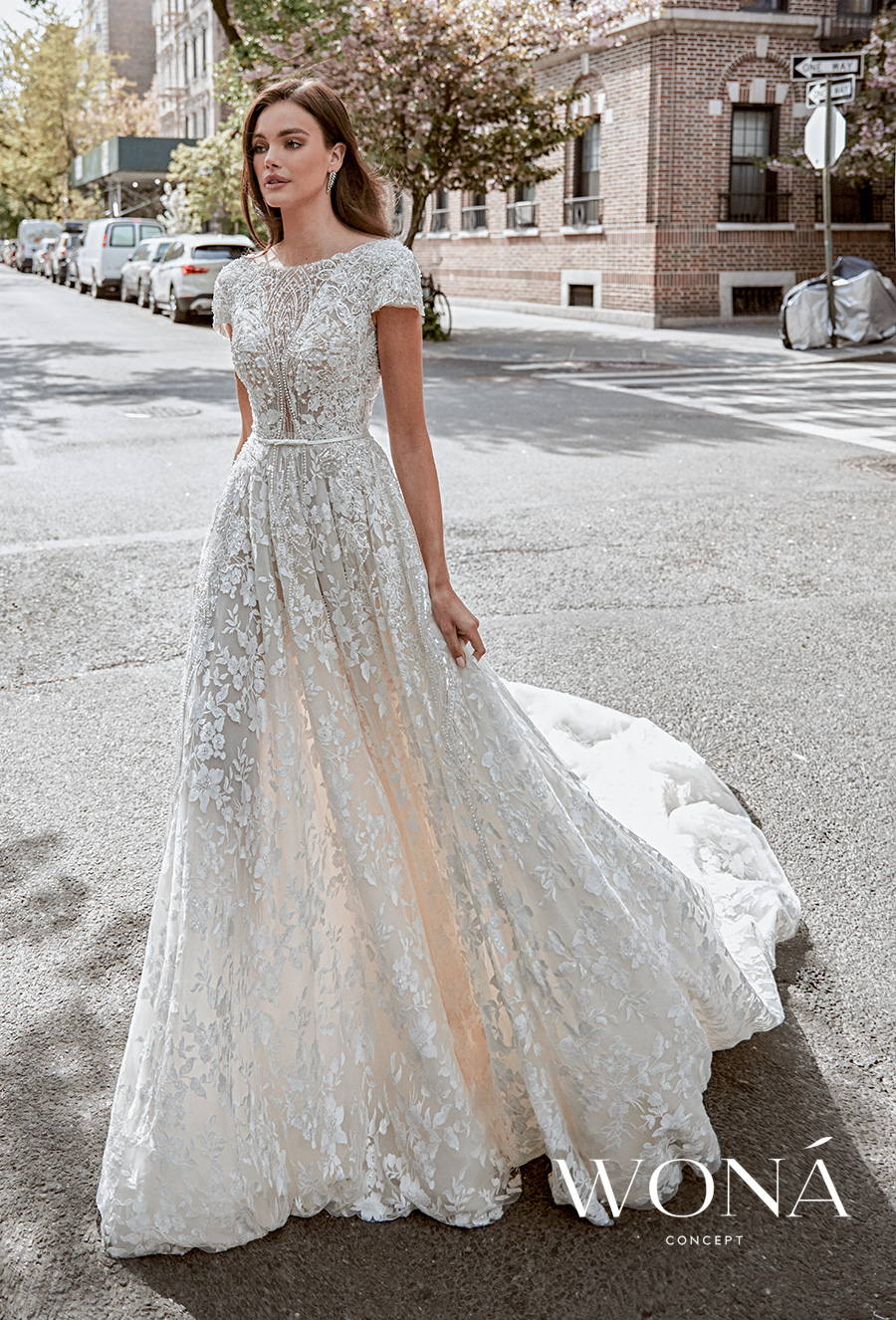 wona 2022 bridal short sleeves bateau neckline full embellishment romantic a line wedding dress low scoop back chapel train (sasha) mv