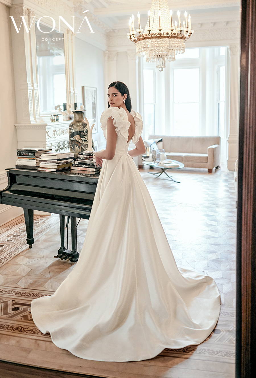 wona 2022 bridal short tiered sleeves v neck simple minimalist elegant a line wedding dress slit skirt v back medium train (bellini) bv