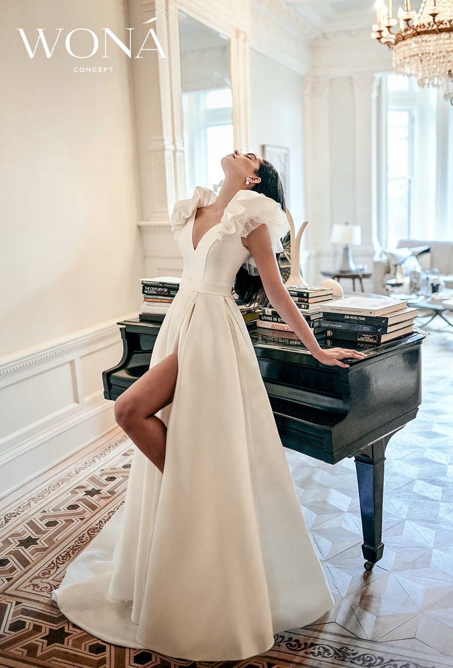 wona 2022 bridal short tiered sleeves v neck simple minimalist elegant a line wedding dress slit skirt v back medium train (bellini) mv