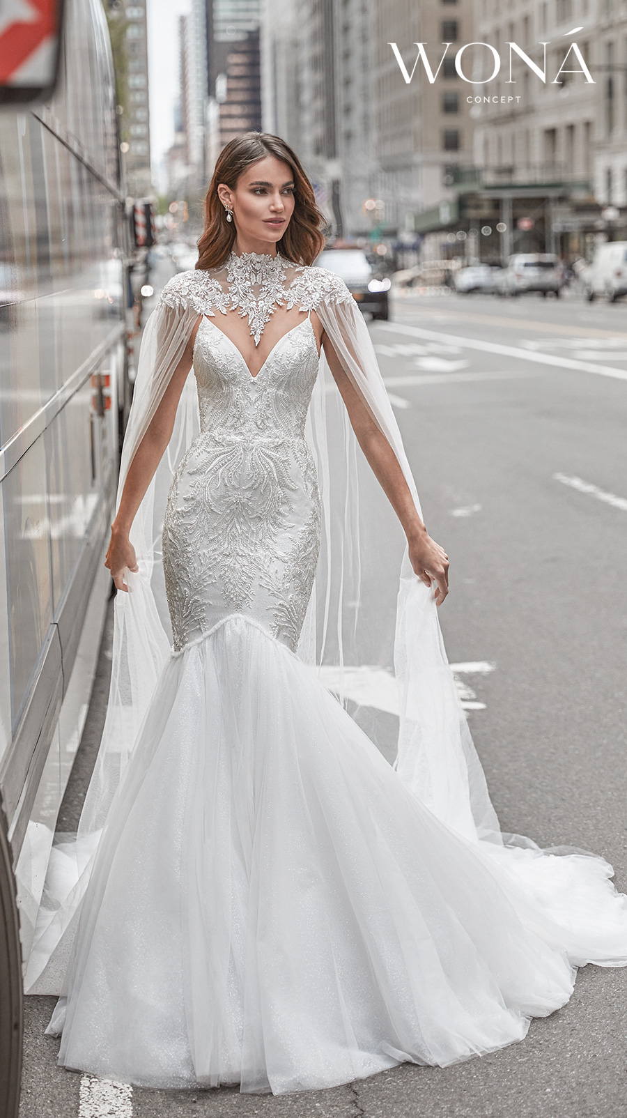 wona 2022 bridal sleeveless spaghetti sleeves diamond neck heavily embellished bodice glamorous mermaid wedding dress mid corset back chapel train with cape (skylar) mv