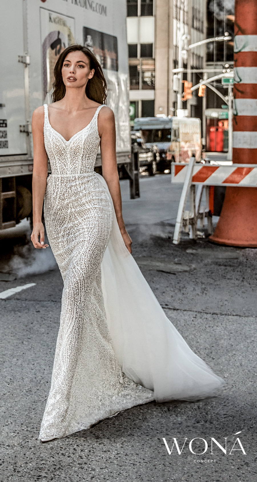 wona 2022 bridal sleeveless with strap diamond neckline full embellishment glamorous sheath wedding dress v back chapel train (blanche) mv