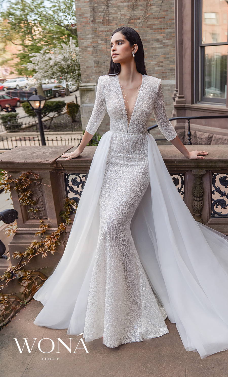 wona 2022 bridal three quarter sleeves deep v neck full embellished elegant sheath wedding dress a line overskirt chapel train (parker) mv
