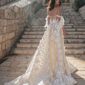 berta fall 2022 bridal off shoulder strap sweetheart neckline embellished lace a line ball gown wedding dress chapel train (8) bv