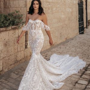 berta fall 2022 bridal off shoulder strap sweetheart neckline embellished lace fit flare mermaid wedding dress chapel train (7) mv