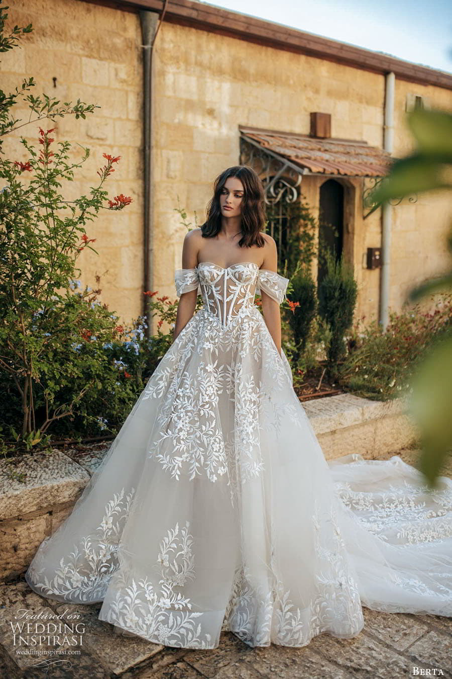 berta fall 2022 bridal off shoulder straps sweetheart neckline sheer corset bodice embellished a lilne ball gown wedding dress chapel train (4) mv berta fall 2022 bridal off shoulder straps sweetheart neckline sheer corset bodice embellished a lilne ball gown wedding dress chapel train (4) mv