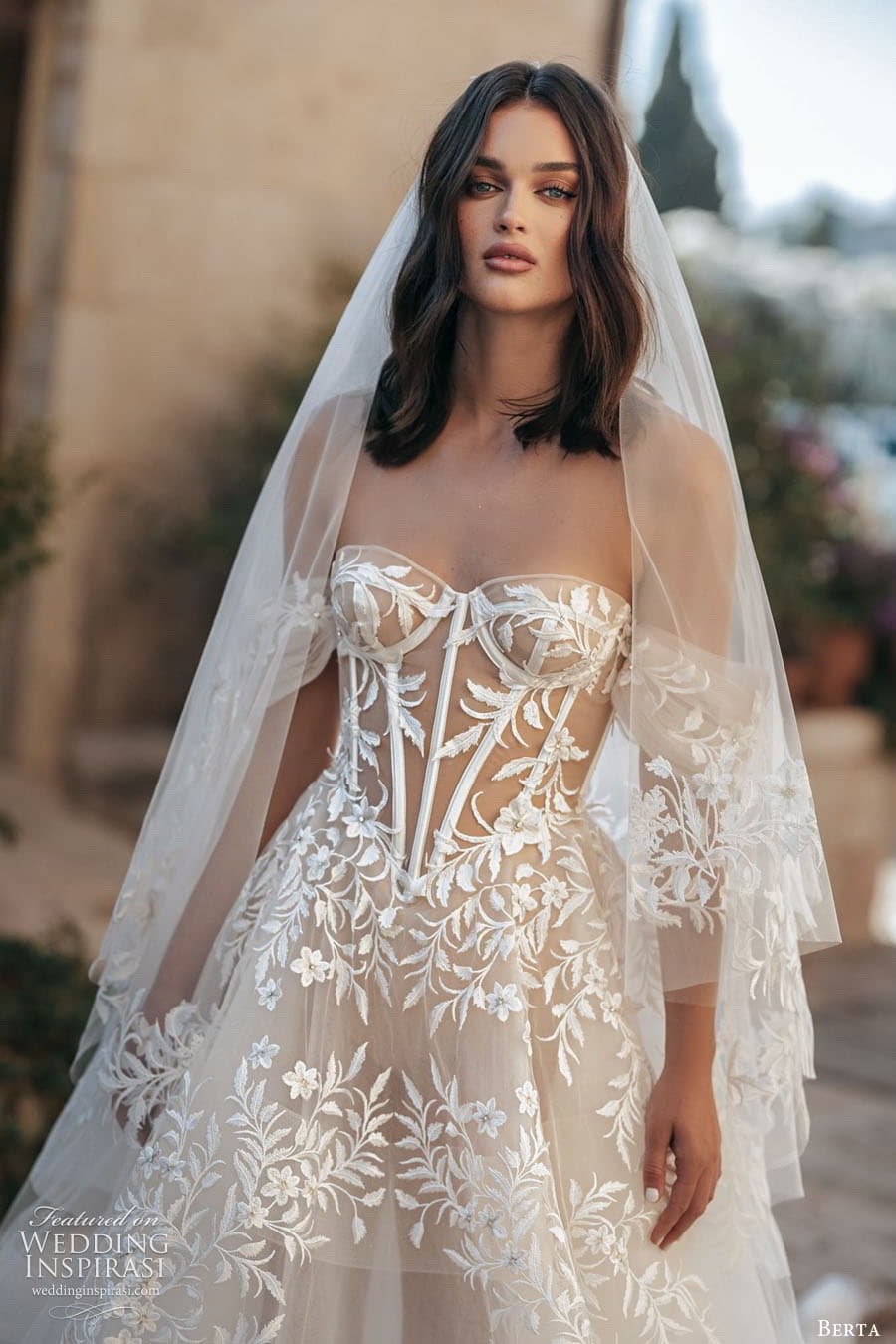 berta fall 2022 bridal off shoulder straps sweetheart neckline sheer corset bodice embellished a lilne ball gown wedding dress chapel train veil (4) zv