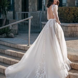 berta fall 2022 bridal sheer long puff sleeve plunging v neckline embellished lace a line ball gown wedding dress chapel train (9) bv