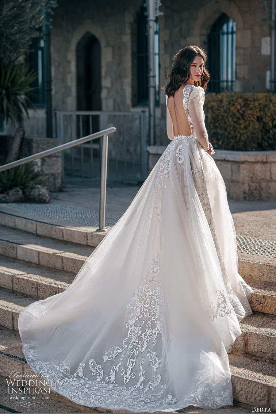 berta fall 2022 bridal sheer long puff sleeve plunging v neckline embellished lace a line ball gown wedding dress chapel train (9) bv berta fall 2022 bridal sheer long puff sleeve plunging v neckline embellished lace a line ball gown wedding dress chapel train (9) bv