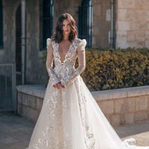 berta fall 2022 bridal sheer long puff sleeve plunging v neckline embellished lace a line ball gown wedding dress chapel train (9) mv