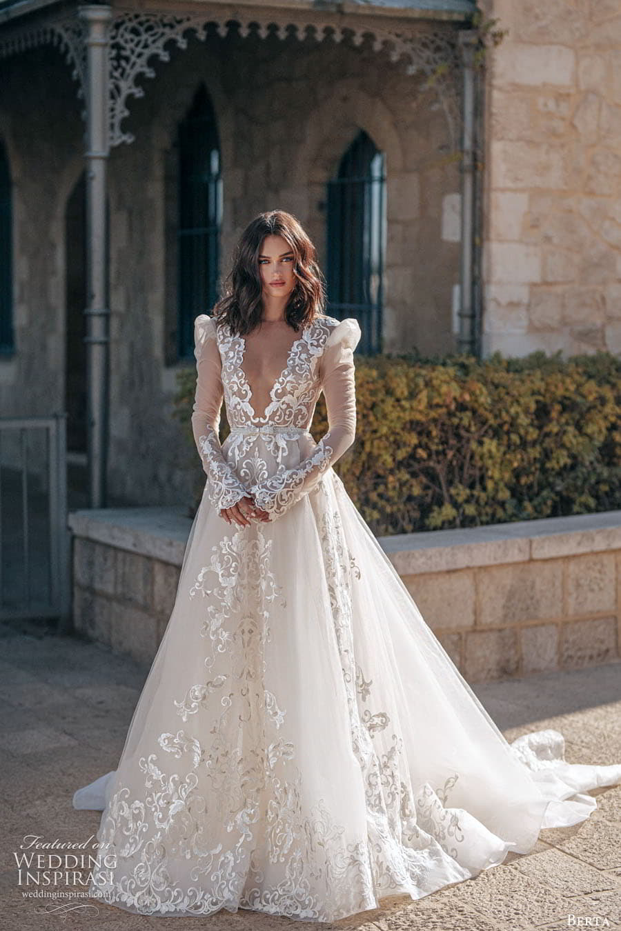 berta fall 2022 bridal sheer long puff sleeve plunging v neckline embellished lace a line ball gown wedding dress chapel train (9) mv berta fall 2022 bridal sheer long puff sleeve plunging v neckline embellished lace a line ball gown wedding dress chapel train (9) mv