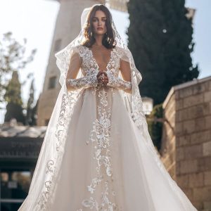 berta fall 2022 bridal sheer long puff sleeve plunging v neckline embellished lace a line ball gown wedding dress chapel train veil (9) mv