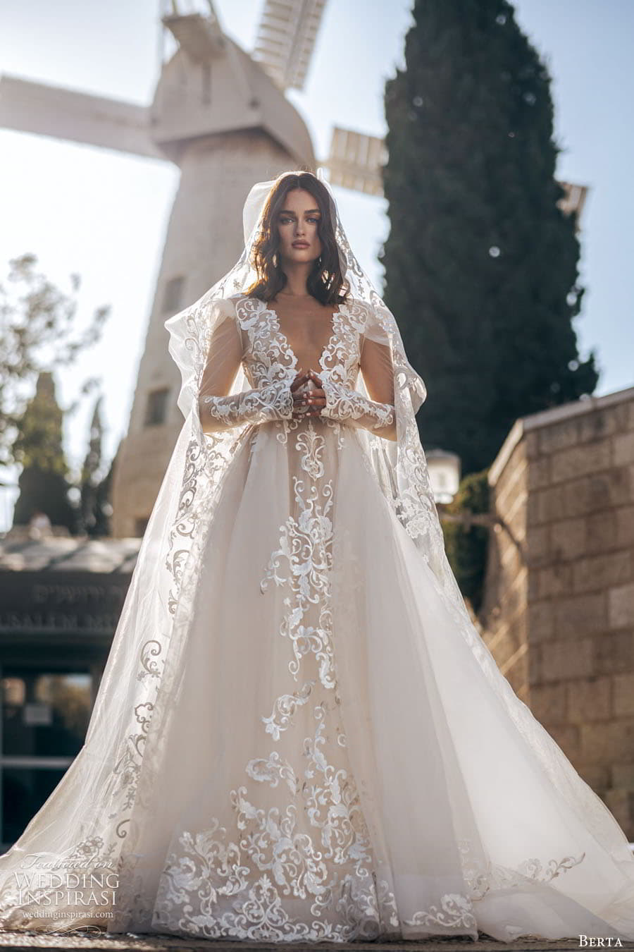 berta fall 2022 bridal sheer long puff sleeve plunging v neckline embellished lace a line ball gown wedding dress chapel train veil (9) mv