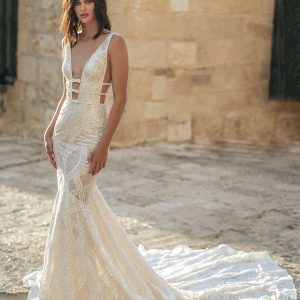 berta fall 2022 bridal sleeveless straps plunging v neckline embellished fit flare mermaid wedding dress chapel train champagne (12) mv