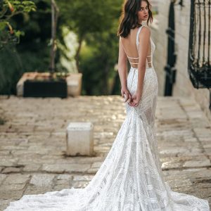 berta fall 2022 bridal sleeveless straps plunging v neckline embellished fit flare mermaid wedding dress chapel train champagne low back (12) bv