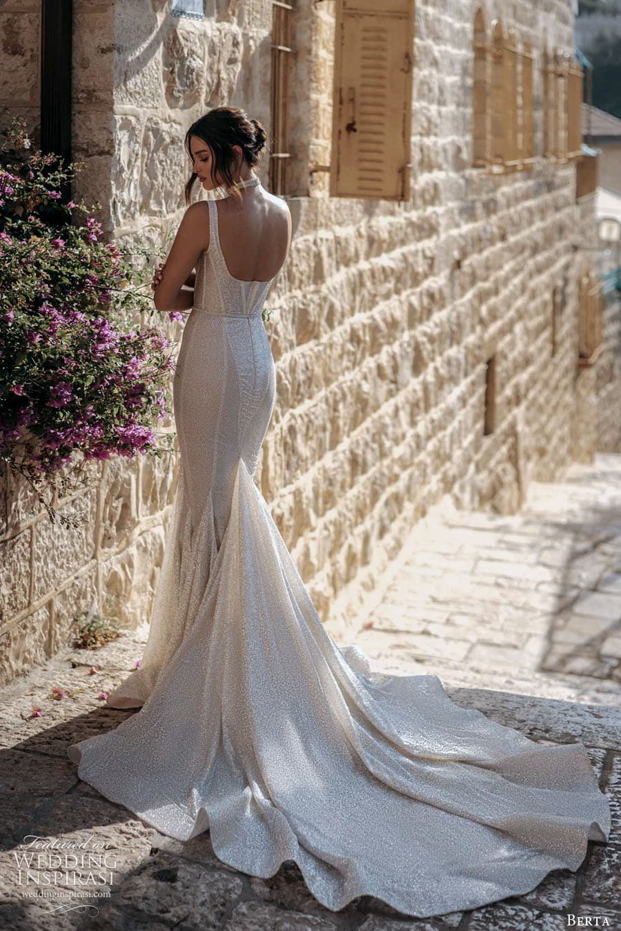 berta fall 2022 bridal sleeveless thick straps square neckline embellished fit flare mermaid wedding dress chapel train (5) bv