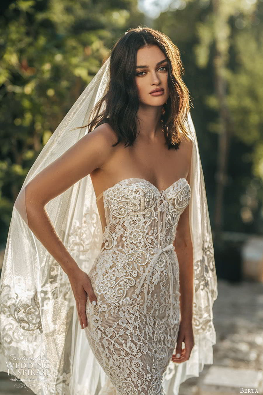 berta fall 2022 bridal strapless sweetheart neckline fully embellished lace mermaid wedding dress chapel train veil (2) zv 