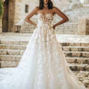 berta fall 2022 bridal strapless sweetheart neckline sheer bodice embellished a line ball gown wedding dress chapel train (11) mv