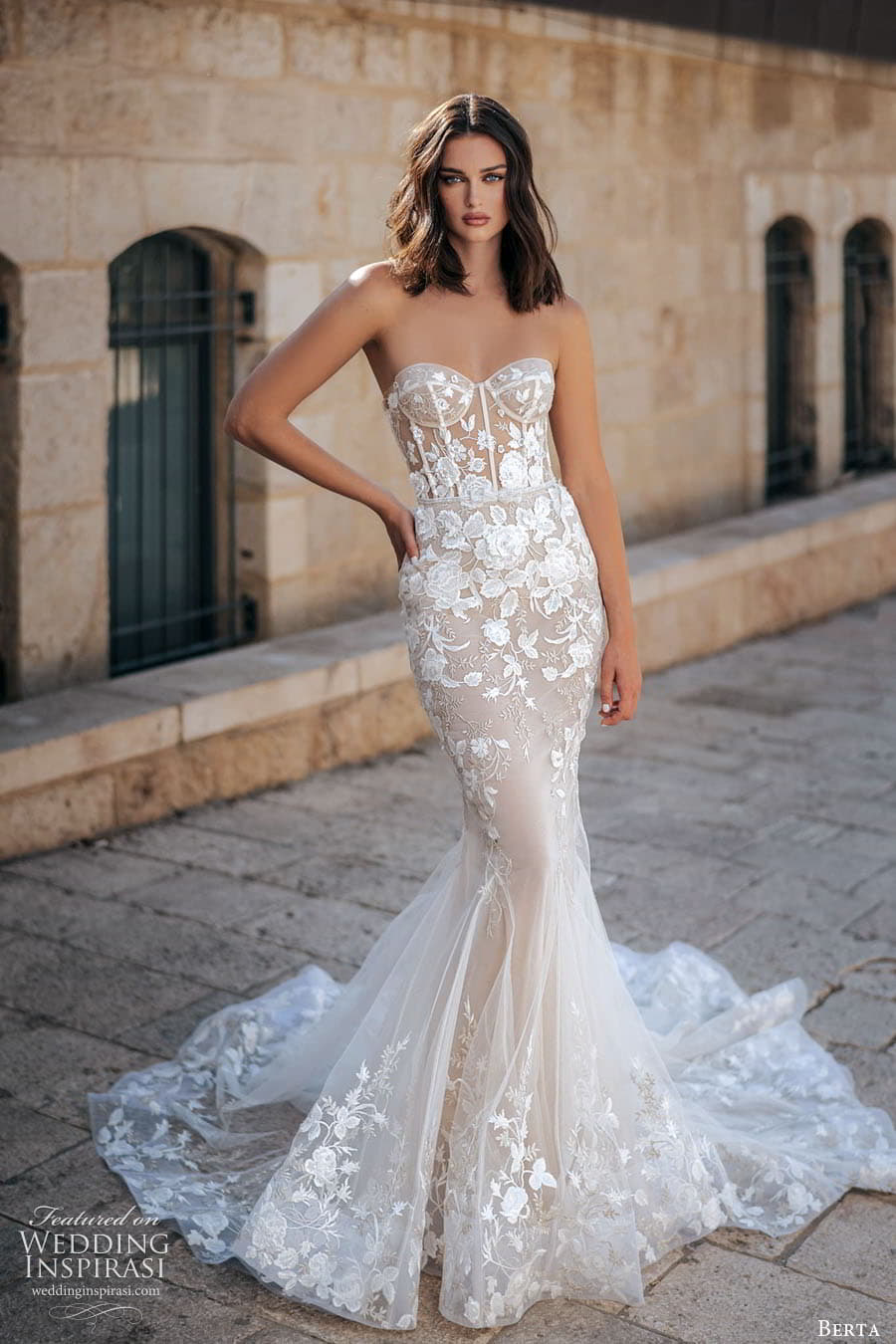 berta fall 2022 bridal strapless sweetheart neckline sheet corset bodice embellished lace fit flare sheath wedding dress chapel train (6) mv berta fall 2022 bridal strapless sweetheart neckline sheet corset bodice embellished lace fit flare sheath wedding dress chapel train (6) mv