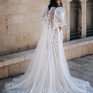 berta fall 2022 bridal strapless sweetheart neckline sheet corset bodice embellished lace fit flare sheath wedding dress chapel train puff sleeve cape (6) bv