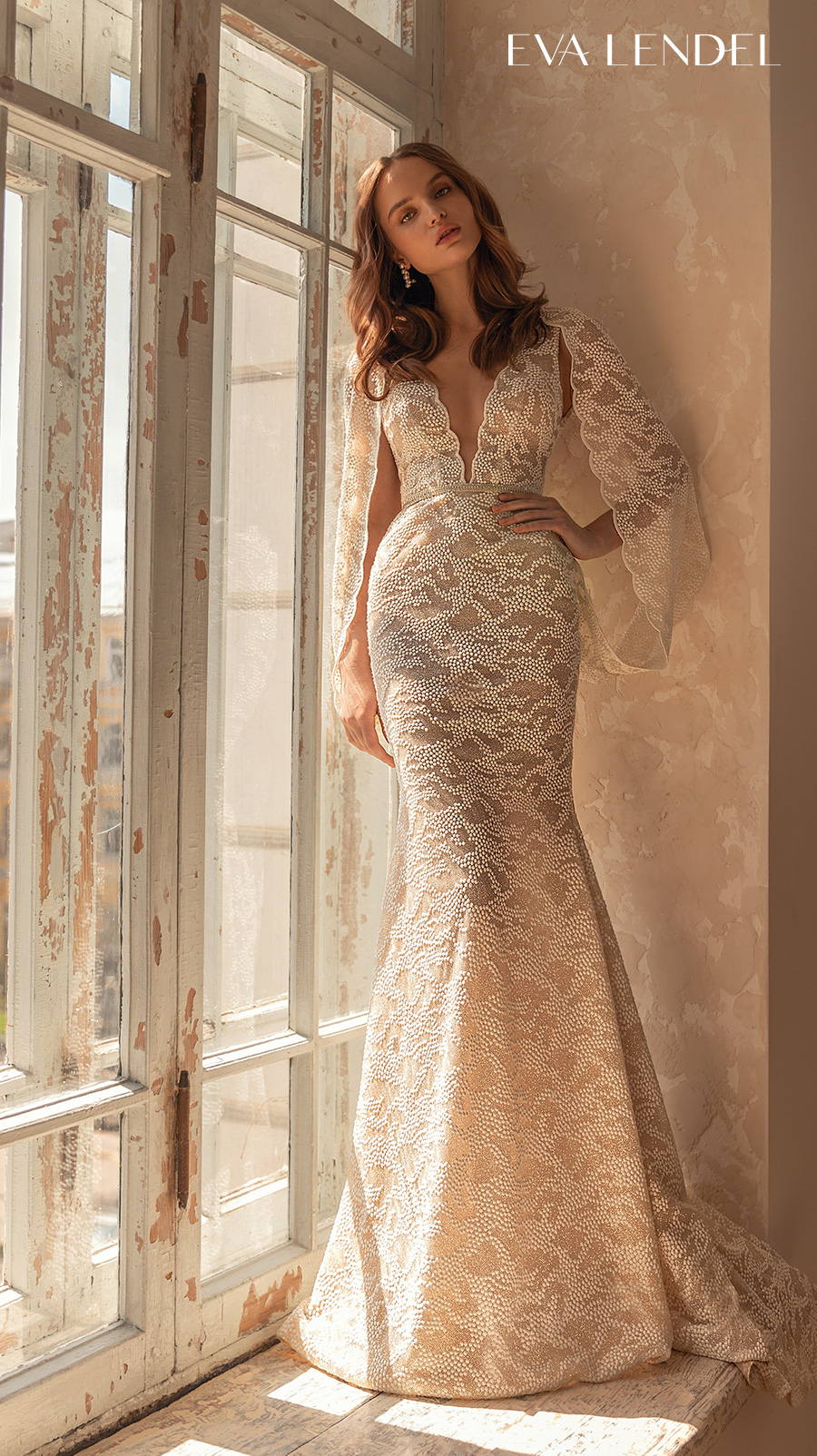 eva lendel 2022 bridal long hanging sleeves deep v neck full embellishment elegant mermaid wedding dress keyhole back short train (ruth) mv