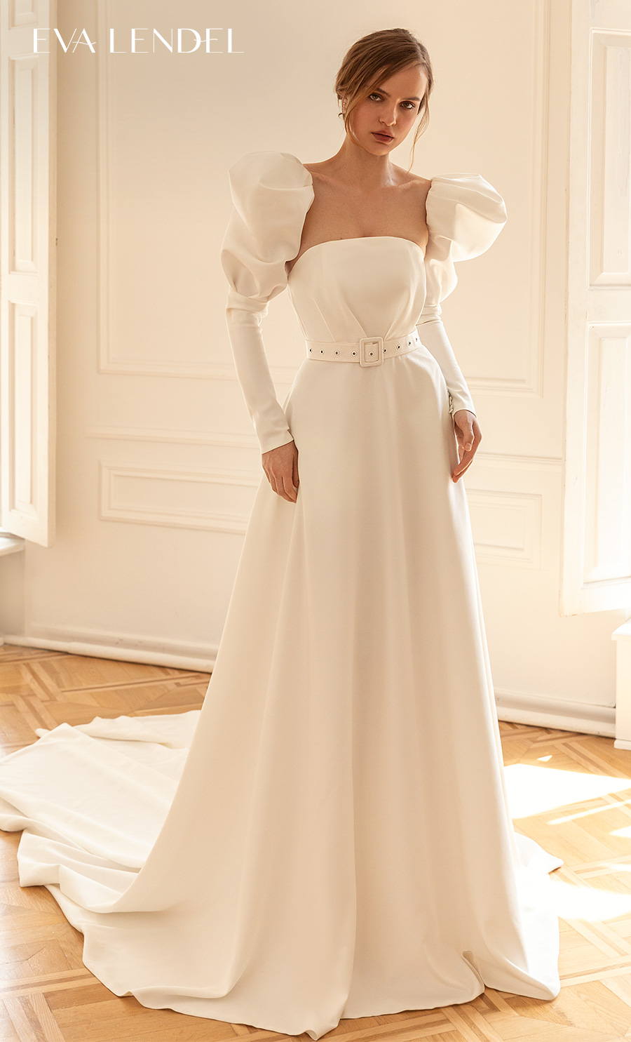 eva lendel 2022 bridal long juliet sleeves straight across neckline simple minimalist belt a line wedding dress chapel train (fonseka) mv