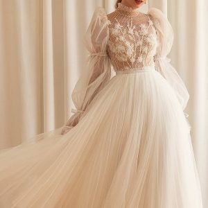 eva lendel 2022 bridal long poet sleeves high neck heavily embellished bodice romantic tea length short wedding dress lace back (nana) mv
