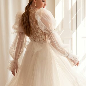 eva lendel 2022 bridal long poet sleeves high neck heavily embellished bodice romantic tea length short wedding dress lace back (nana) zbv