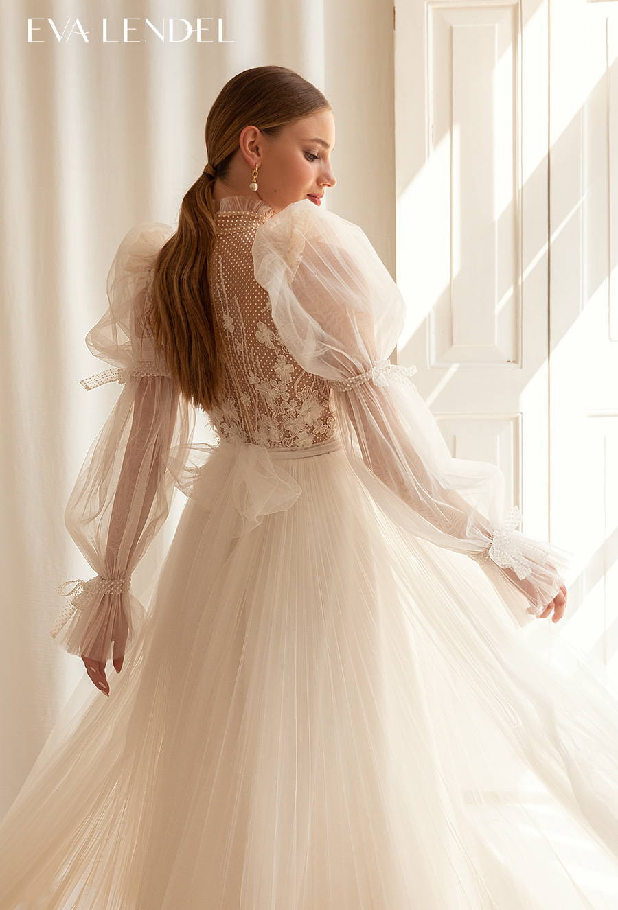 eva lendel 2022 bridal long poet sleeves high neck heavily embellished bodice romantic tea length short wedding dress lace back (nana) zbv