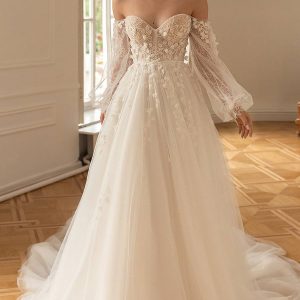 eva lendel 2022 bridal long poet sleeves off the shoulder sweetheart neckline eavily embellished bodice romantic a  line wedding dress mid back chapel train (astoria) mv
