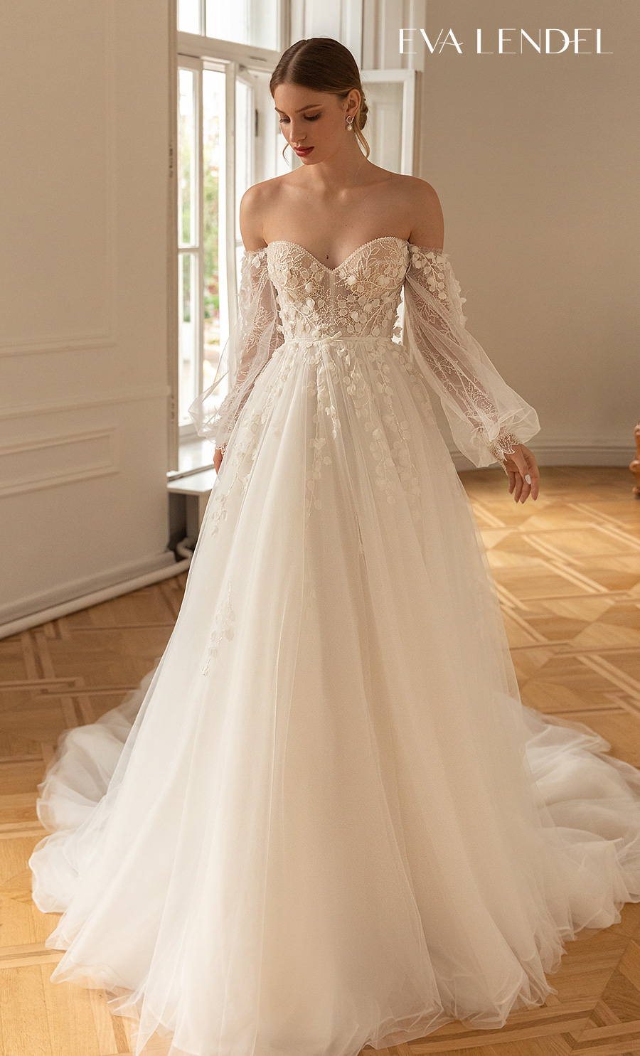 eva lendel 2022 bridal long poet sleeves off the shoulder sweetheart neckline eavily embellished bodice romantic a line wedding dress mid back chapel train (astoria) mv