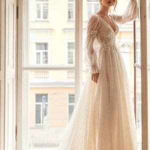 eva lendel 2022 bridal long poet sleeves v neck full embellishment romantic a  line wedding dress v back chapel train (bliss) mv