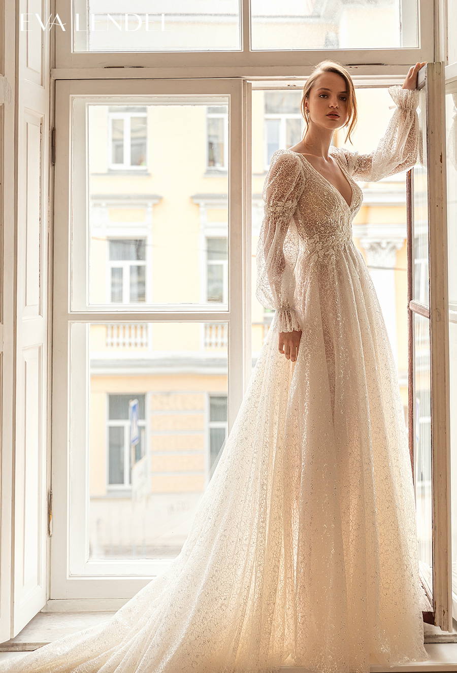 eva lendel 2022 bridal long poet sleeves v neck full embellishment romantic a line wedding dress v back chapel train (bliss) mv