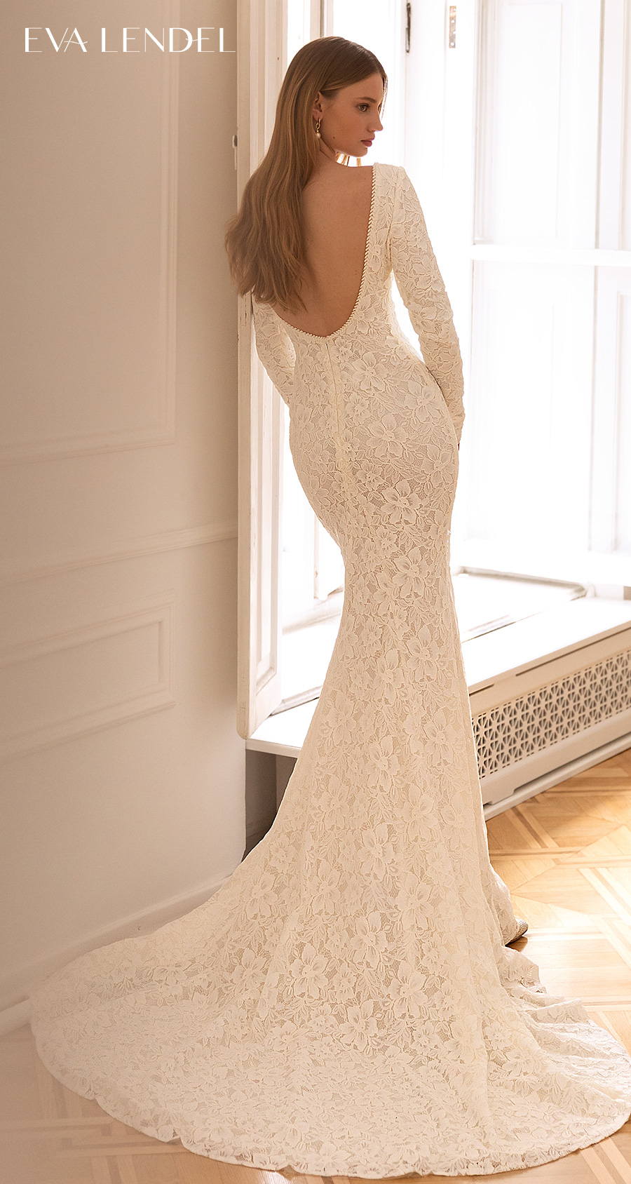 eva lendel 2022 bridal long sleeves bateau neckline full embellishment lace elegant sheath wedding dress low v back short train (reese) bv