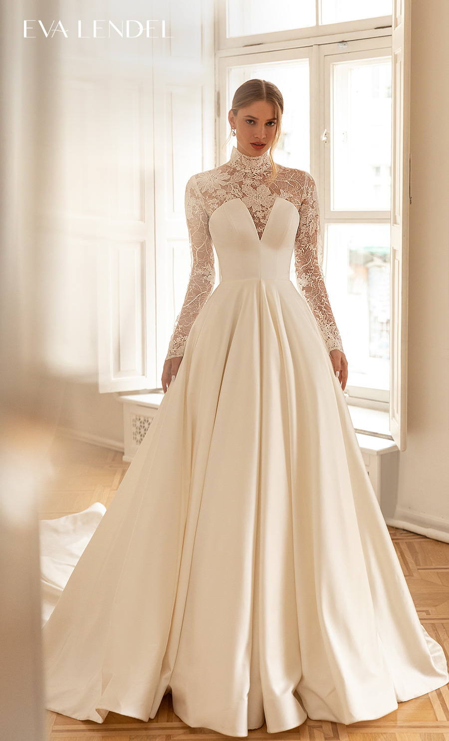 eva lendel 2022 bridal long sleeves illiusion high neck heavily embellished bodice elegant a line wedding dress lace button back chapel train (helly) mv