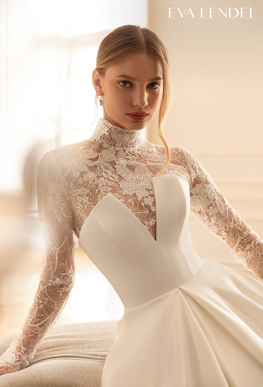 eva lendel 2022 bridal long sleeves illiusion high neck heavily embellished bodice elegant a line wedding dress lace button back chapel train (helly) zv