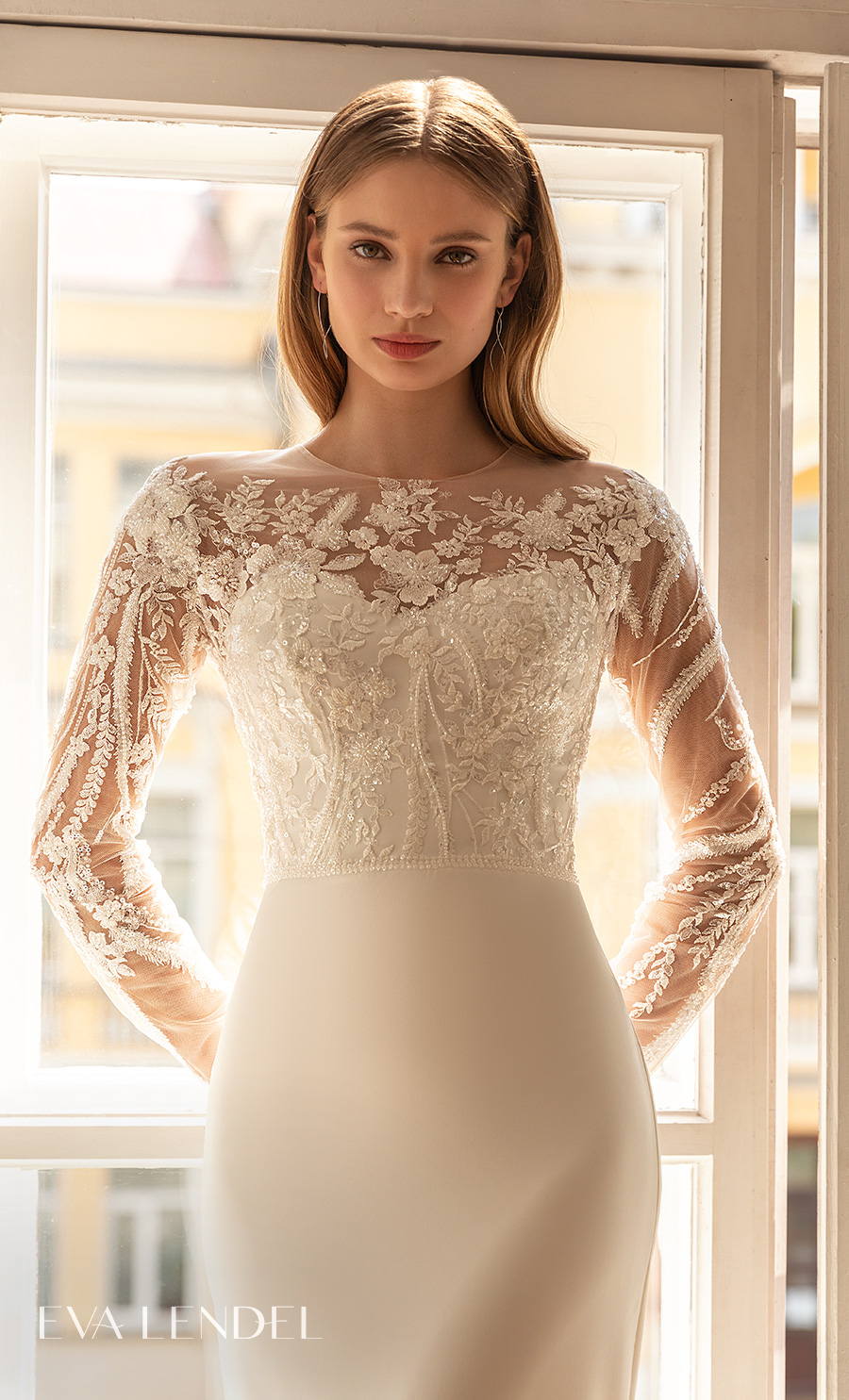 eva lendel 2022 bridal long sleeves illusion round sweetheart neckline heavily embellished bodice elegant fit and flare sheath wedding dress lace back medium train (yanina) zv