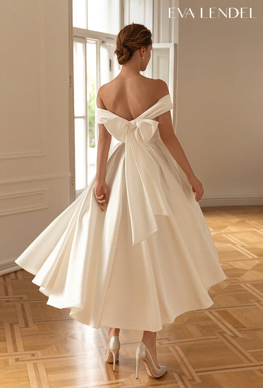 eva lendel 2022 bridal off the shoulder sweetheart neckline simple minimalist pretty tea length short wedding dress ribbon mid back (sweet) bv