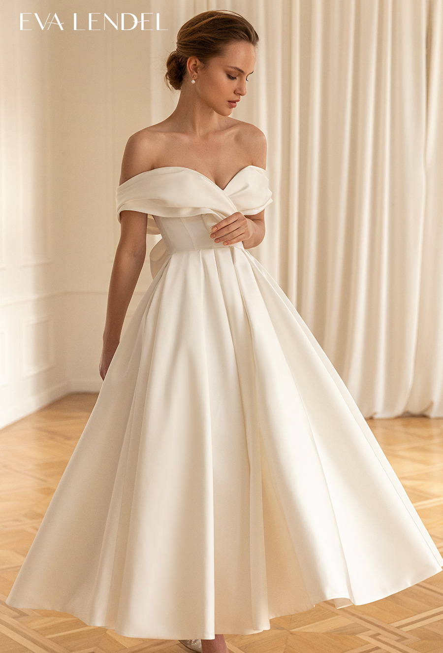 eva lendel 2022 bridal off the shoulder sweetheart neckline simple minimalist pretty tea length short wedding dress ribbon mid back (sweet) mv