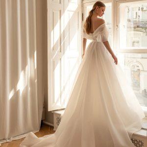 eva lendel 2022 bridal off the shoulder sweetheart wrap over bodice simple minimalist princess a  line wedding dress mid back chapel train (darling) bv