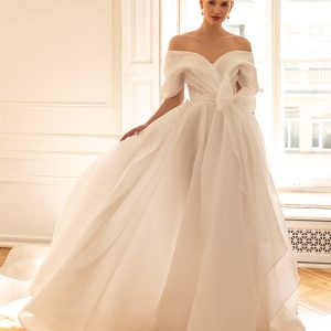 eva lendel 2022 bridal off the shoulder sweetheart wrap over bodice simple minimalist princess a  line wedding dress mid back chapel train (darling) mv