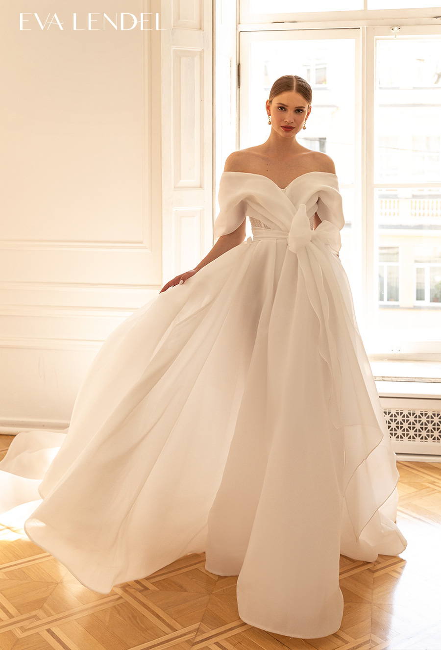 eva lendel 2022 bridal off the shoulder sweetheart wrap over bodice simple minimalist princess a line wedding dress mid back chapel train (darling) mv