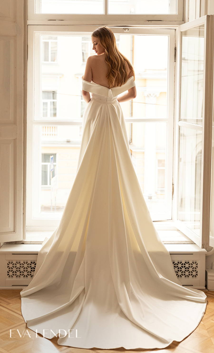 eva lendel 2022 bridal off the shoulder v neck simple minimalist elegant fit and flare wedding dress a line overskirt mid back chapel train (renata) bv