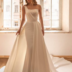 eva lendel 2022 bridal one shoulder straight across neckline heavily embellished bodice elegant sheath wedding dress a  line overskirt chapel train (mikaela) mv